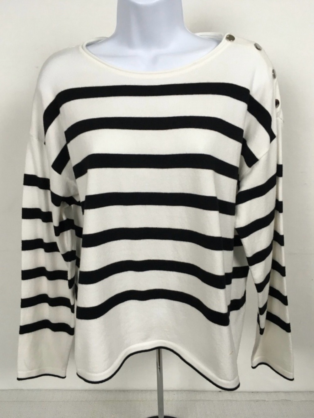 Vila Milano Striped Boatneck Button-Shoulder Sweater - White/Black Super Soft - Picture 2 of 10